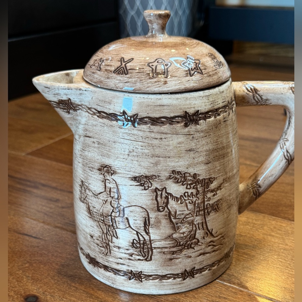 MWW Market Vintage Brown Ceramic Teapot with Rustic Motif